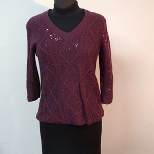 Facconable Sequin Cashmere Wool Blend Sweater in Wine, Size S